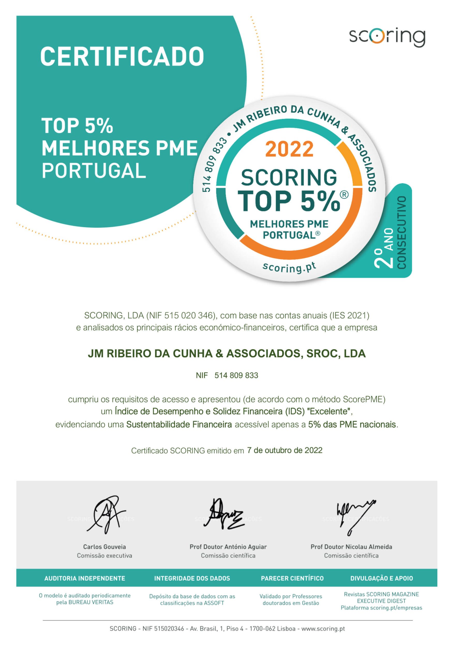 JM Ribeiro da Cunha & Associados distinguida Top 5% Melhores PME