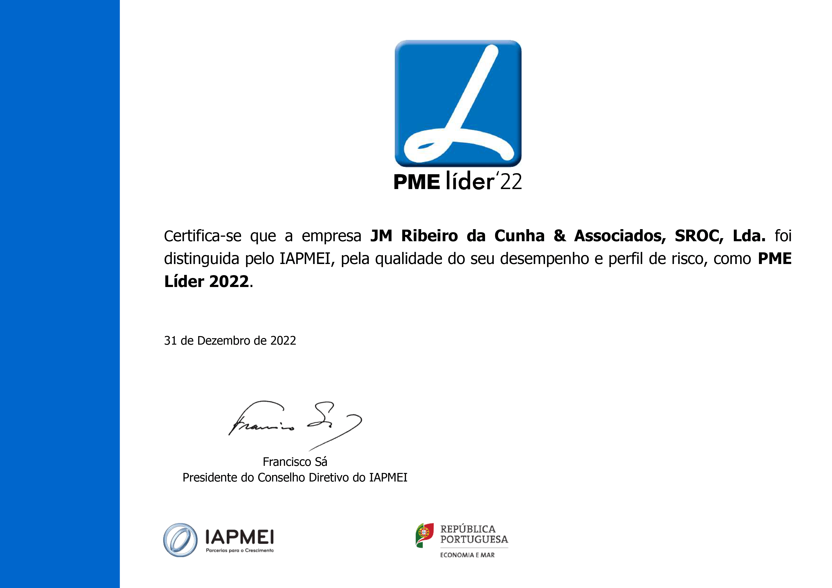 JM Ribeiro da Cunha & Associados distinguida PME Líder 2022