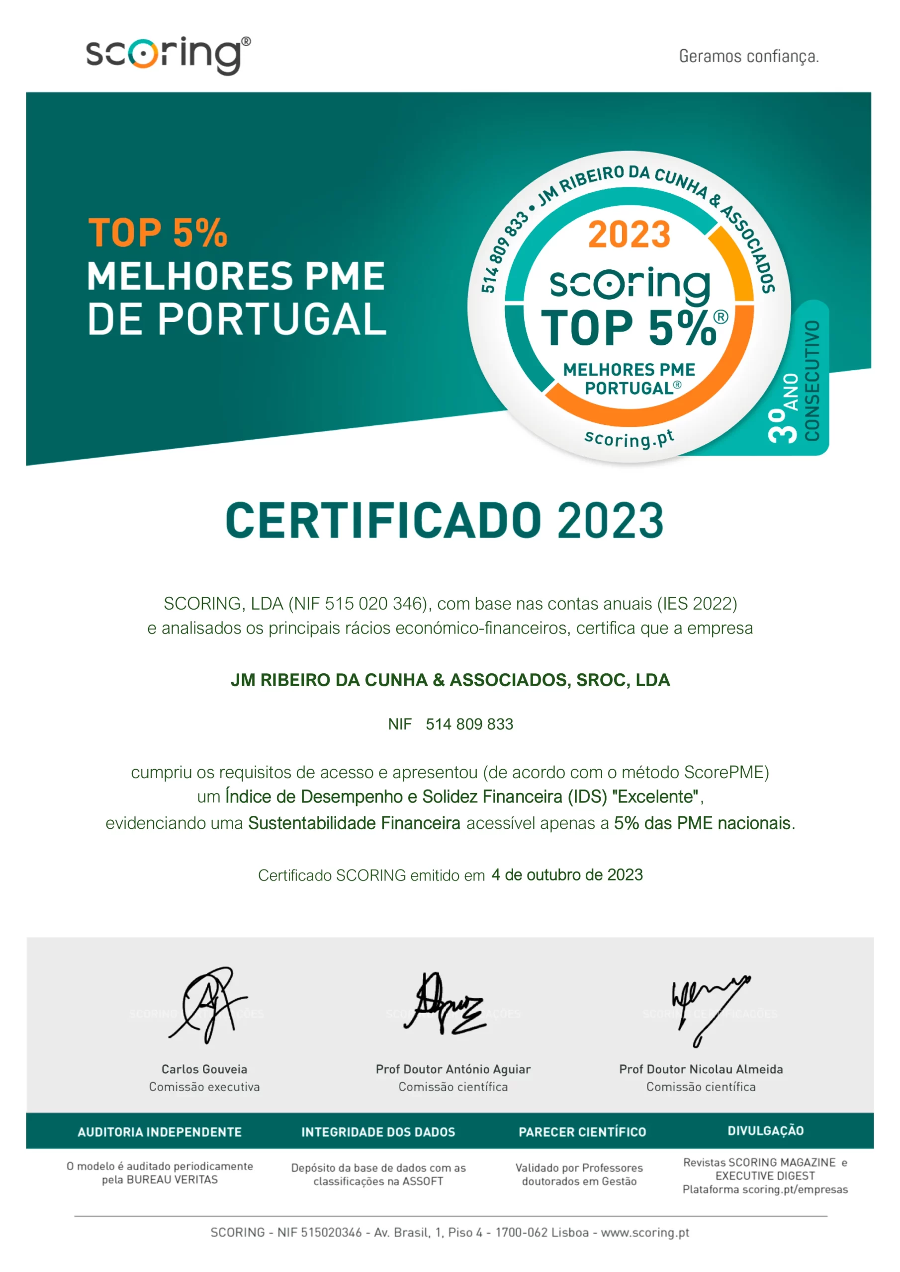 JM Ribeiro da Cunha & Associados distinguida Top Scoring 5%