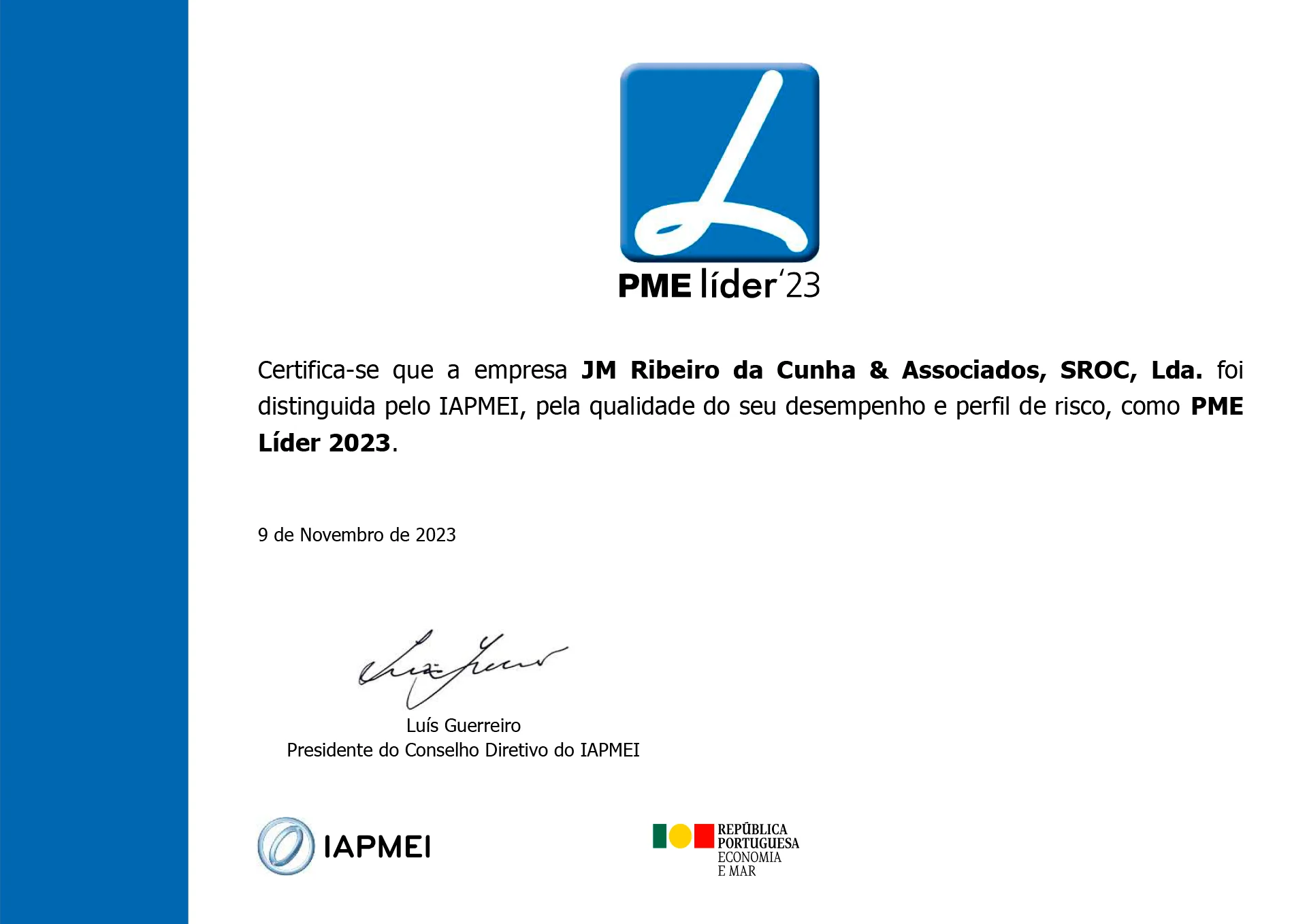 JM Ribeiro da Cunha & Associados distinguida PME Líder 2023