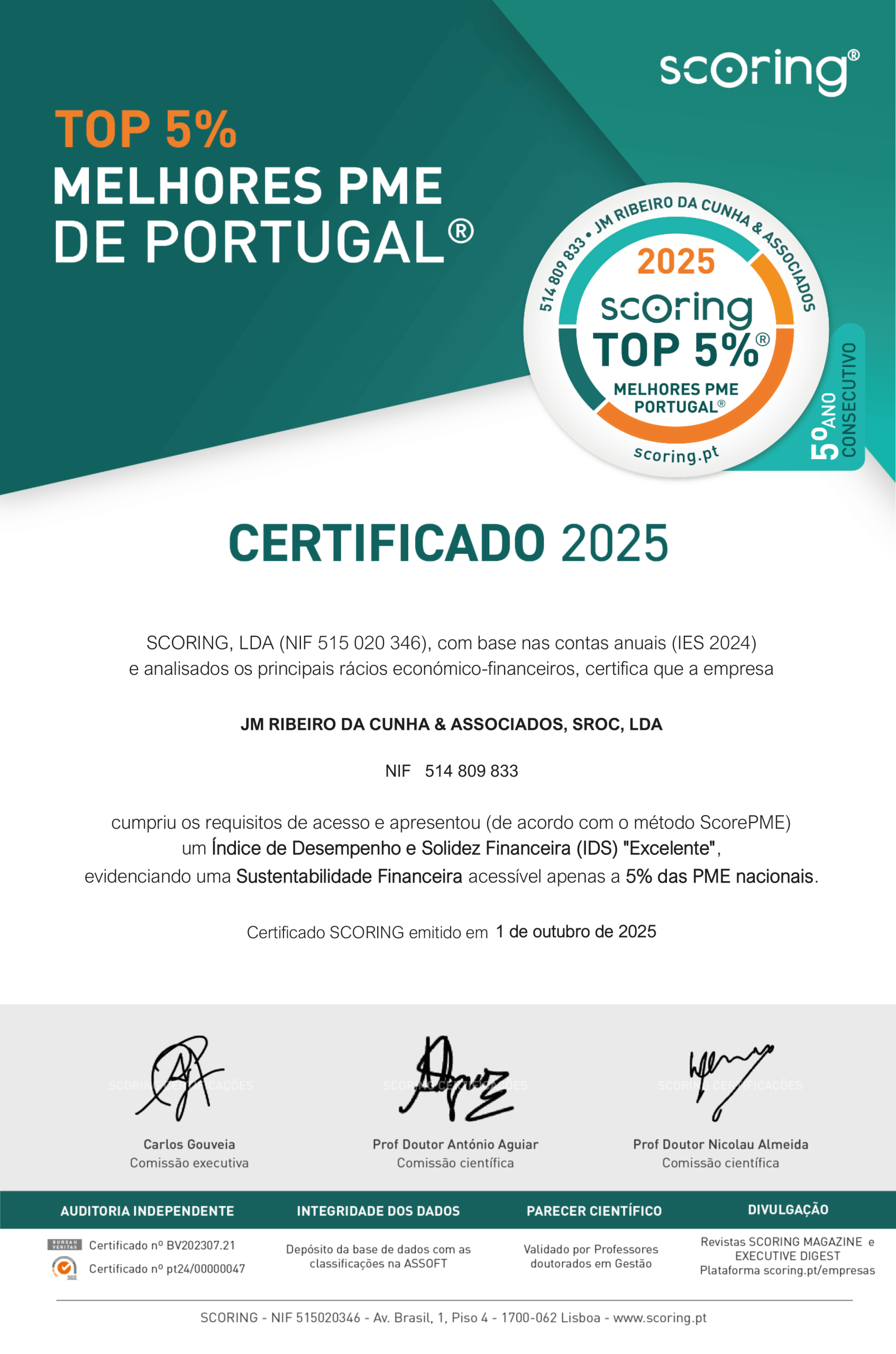 JM Ribeiro da Cunha & Associados distinguida Top Scoring 5%
