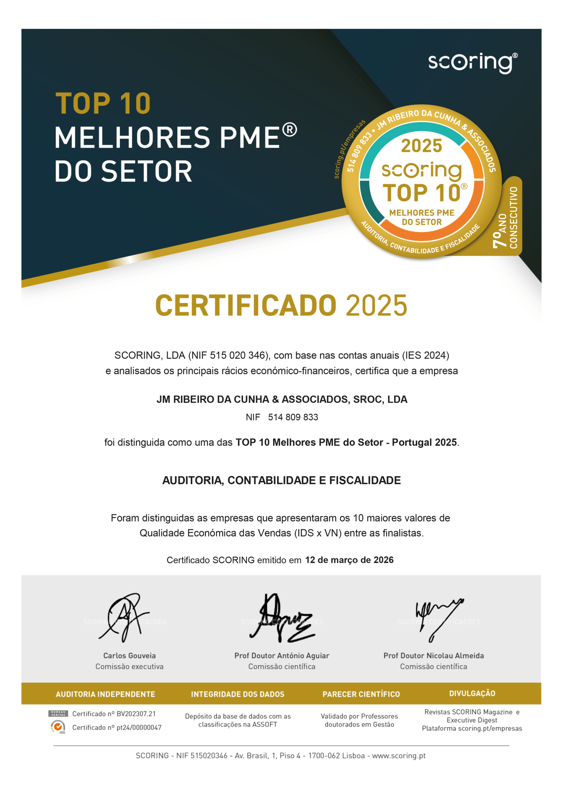 JM Ribeiro da Cunha & Associados distinguida TOP 10 Scoring 2024