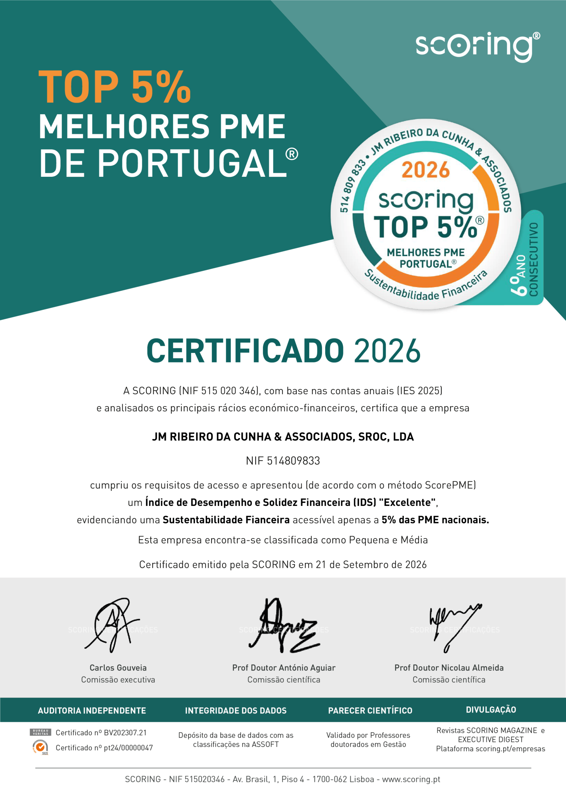 JM Ribeiro da Cunha & Associados distinguida Top Scoring 5% pelo 6º ano consecutivo
